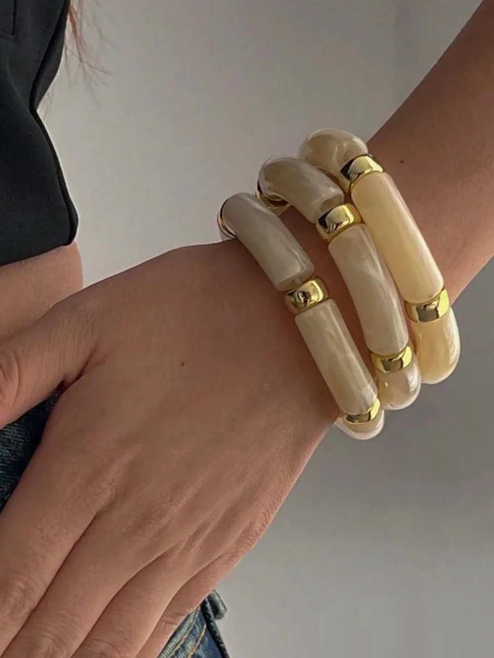 6pc Chunky Marbled Resin Bangle Set-Tortoise & Cream Gold-Tone Bracelet Stack